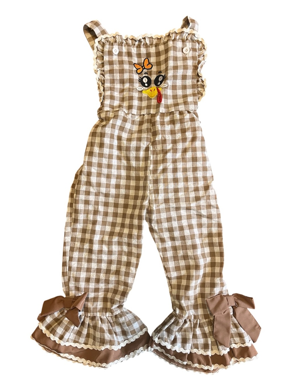 Toddler Girls Thanksgiving Turkey Gingham Ruffle Jumpsuit